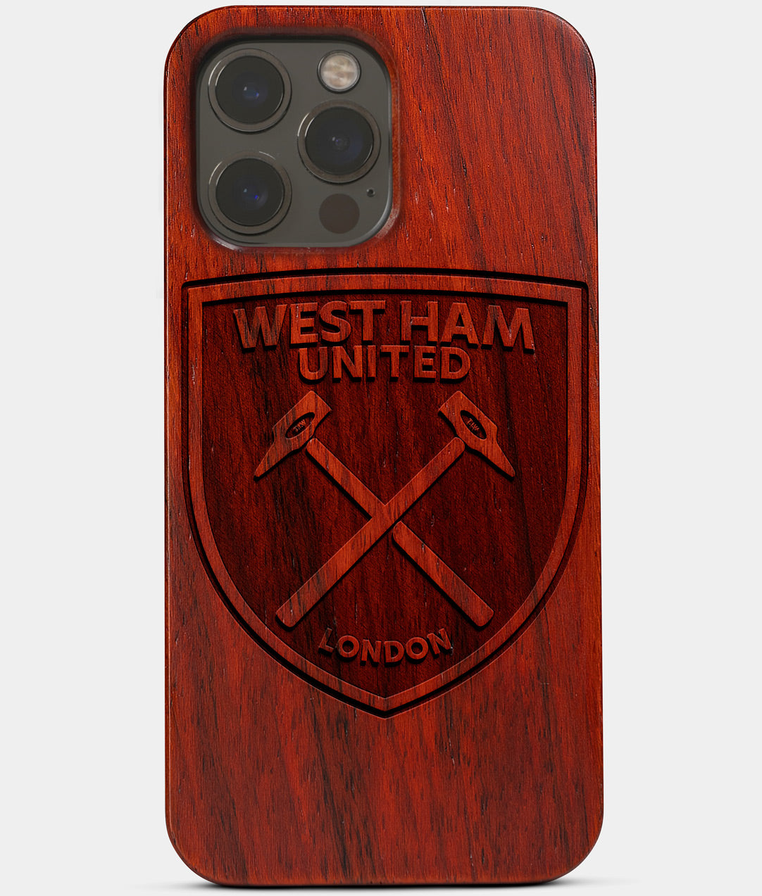 Carved Wood West Ham United F.C. iPhone 13 Pro Max Case | Custom West Ham United F.C. Gift, Birthday Gift | Personalized Mahogany Wood Cover, Gifts For Him, Monogrammed Gift For Fan | by Engraved In Nature